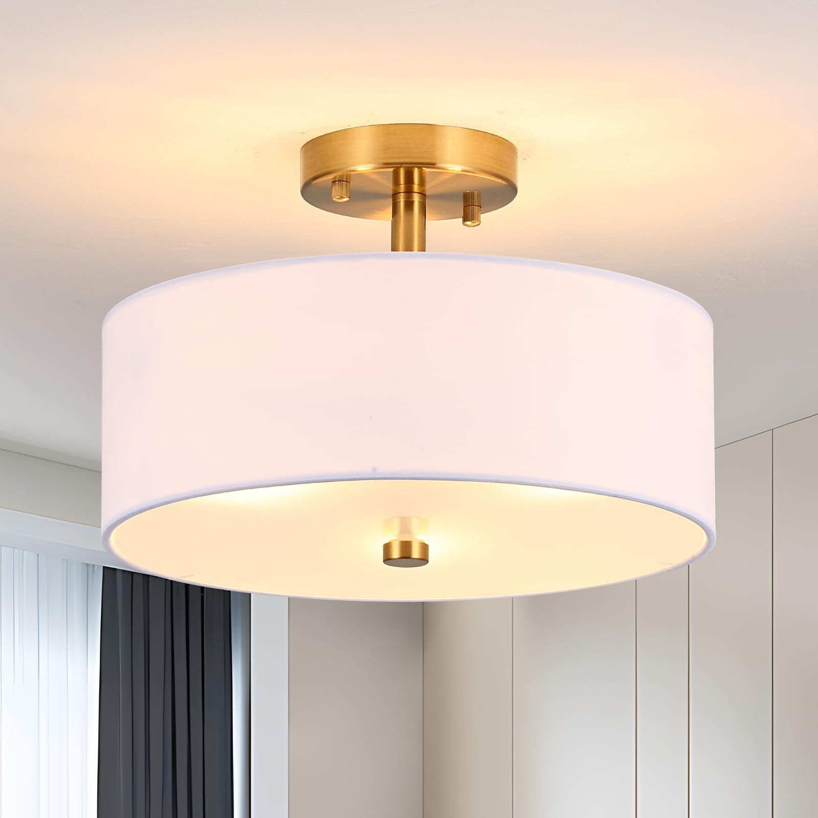 3-Light Gold Semi Flush Mount Ceiling Light,12'' Drum Light With White Fabric Shade,Modern Close To Ceiling Light For Bedroom, L