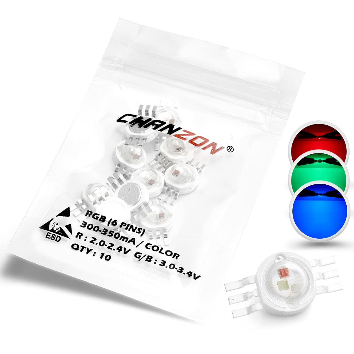 Chanzon 10 Pcs High Power Led Chip 3W Rgb 6 Pins (300Ma - 350Ma For Each Color 3 Watt) Multicolor Super Bright Intensity Smd Cob