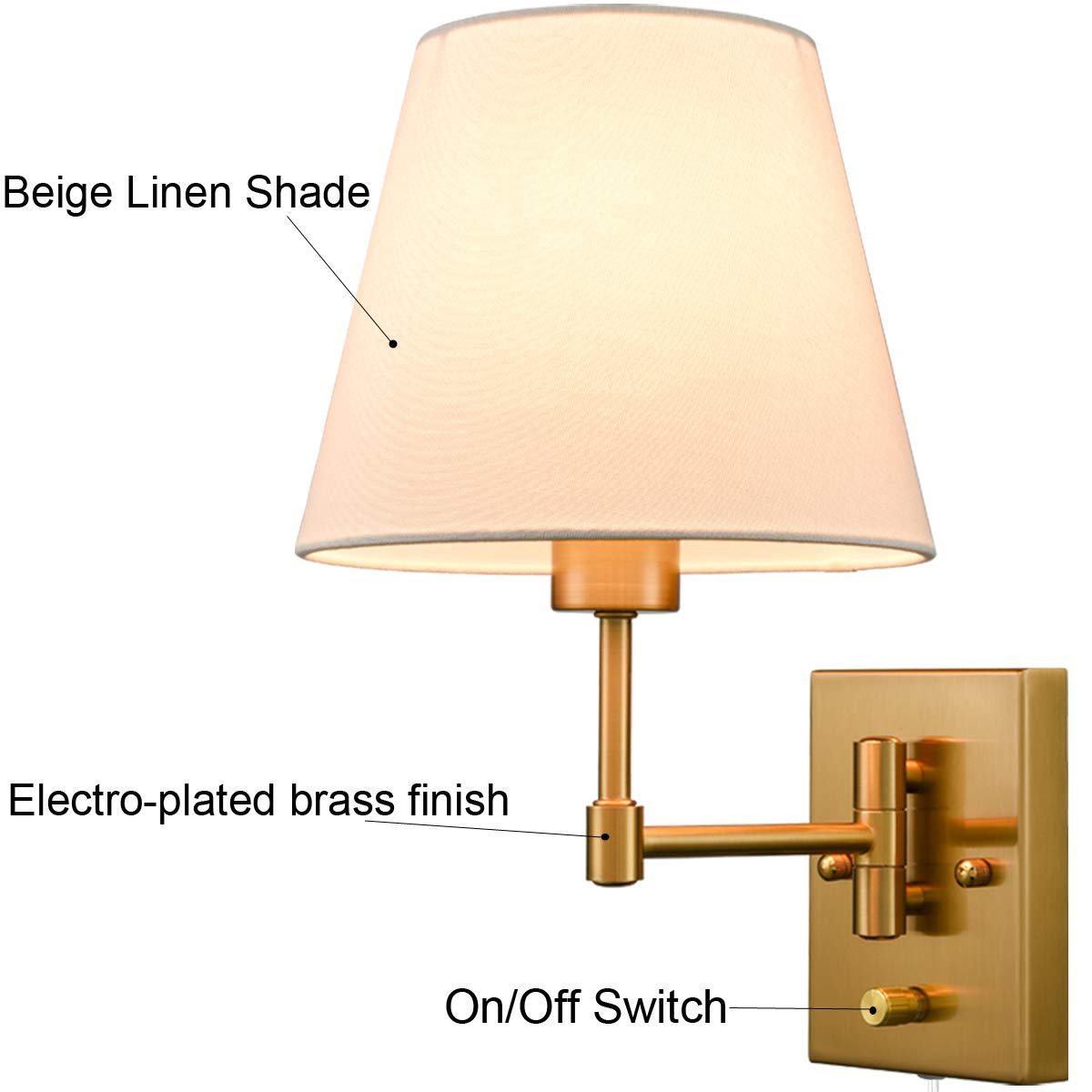 SAMTEEN Gold Brass Plug-in Wall Sconces Set of Two with Beige Shade, Swing Arm Design, Model 3073BU-J-C-2, Perfect for Bedroom or Living Room