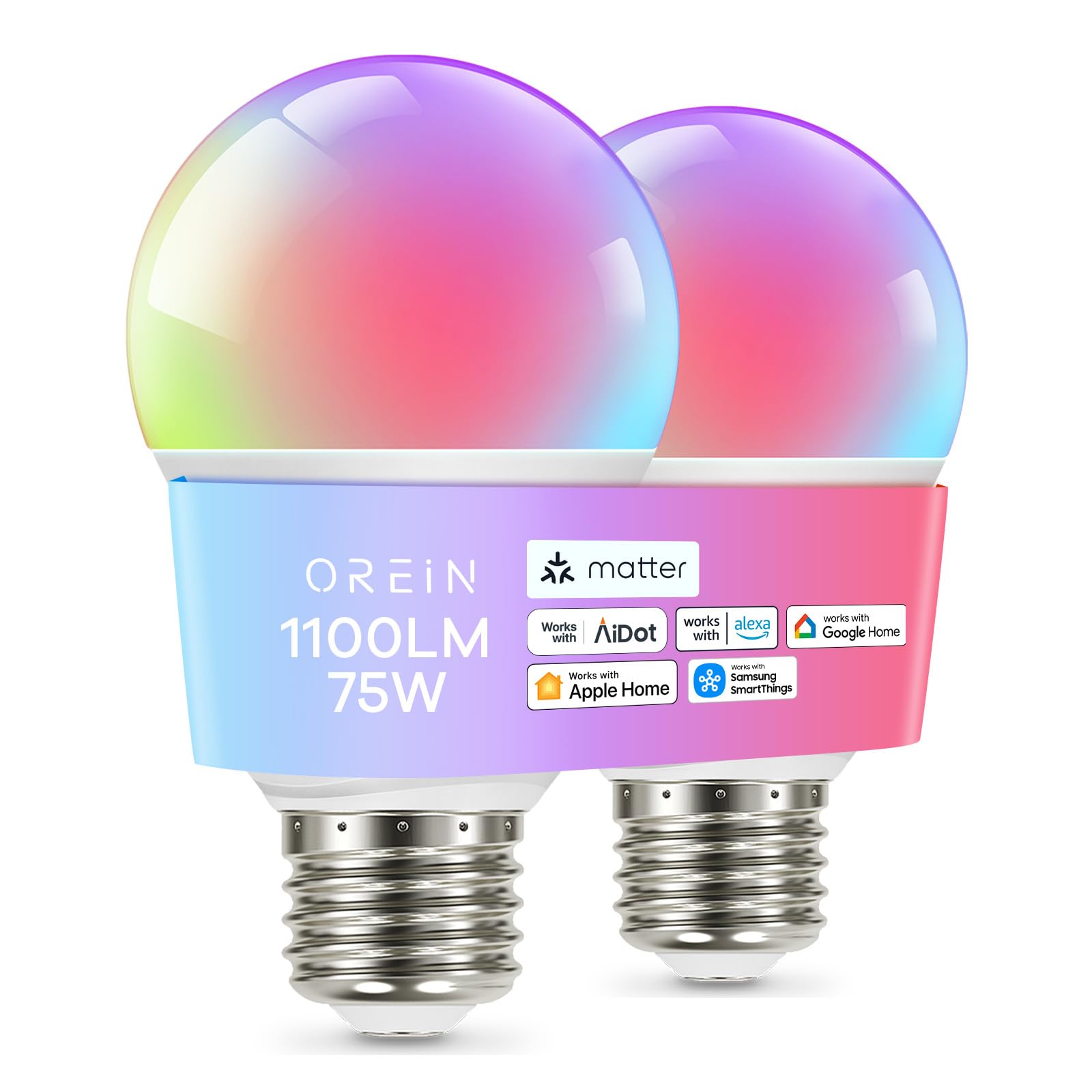 OREiN Matter Smart Light Bulb, A19 1100LM, Multi-colored, 2-Pack, Works with Apple Home, Alexa, Google Home, SmartThings