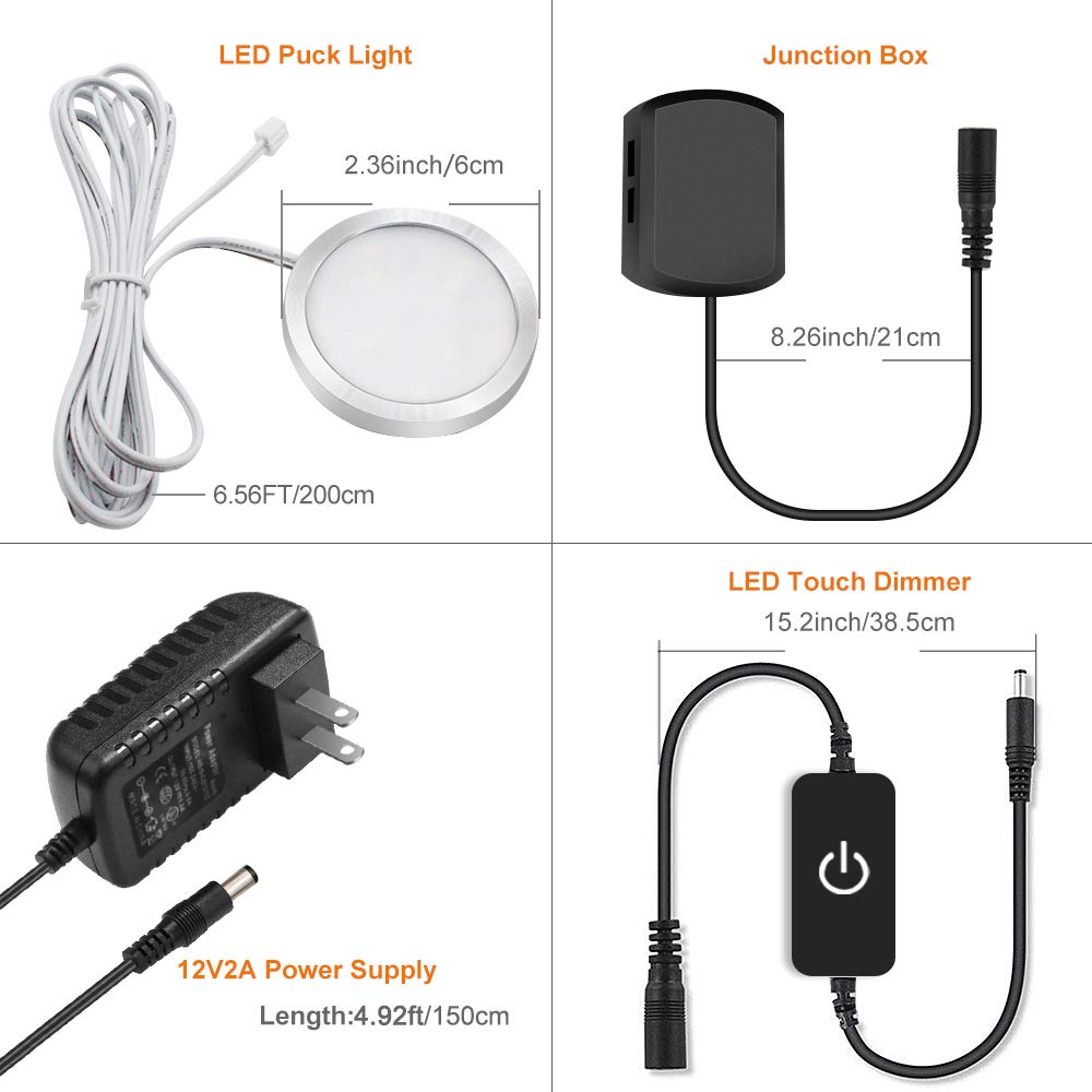 YGS-Tech LED Puck Lights, 3000K Warm White, Aluminum, Touch Dimming, 3-Pack, Under Cabinet Lighting, Silver Trim