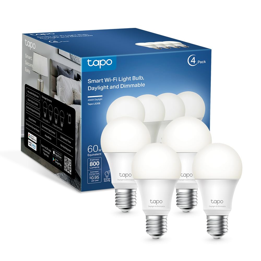 Tapo Tp-Link Smart Light Bulbs - Natural Daylight, Dimmable, Compatible W/Alexa And Google Home, A60 Bulb/E27 Base, 60W Equivale