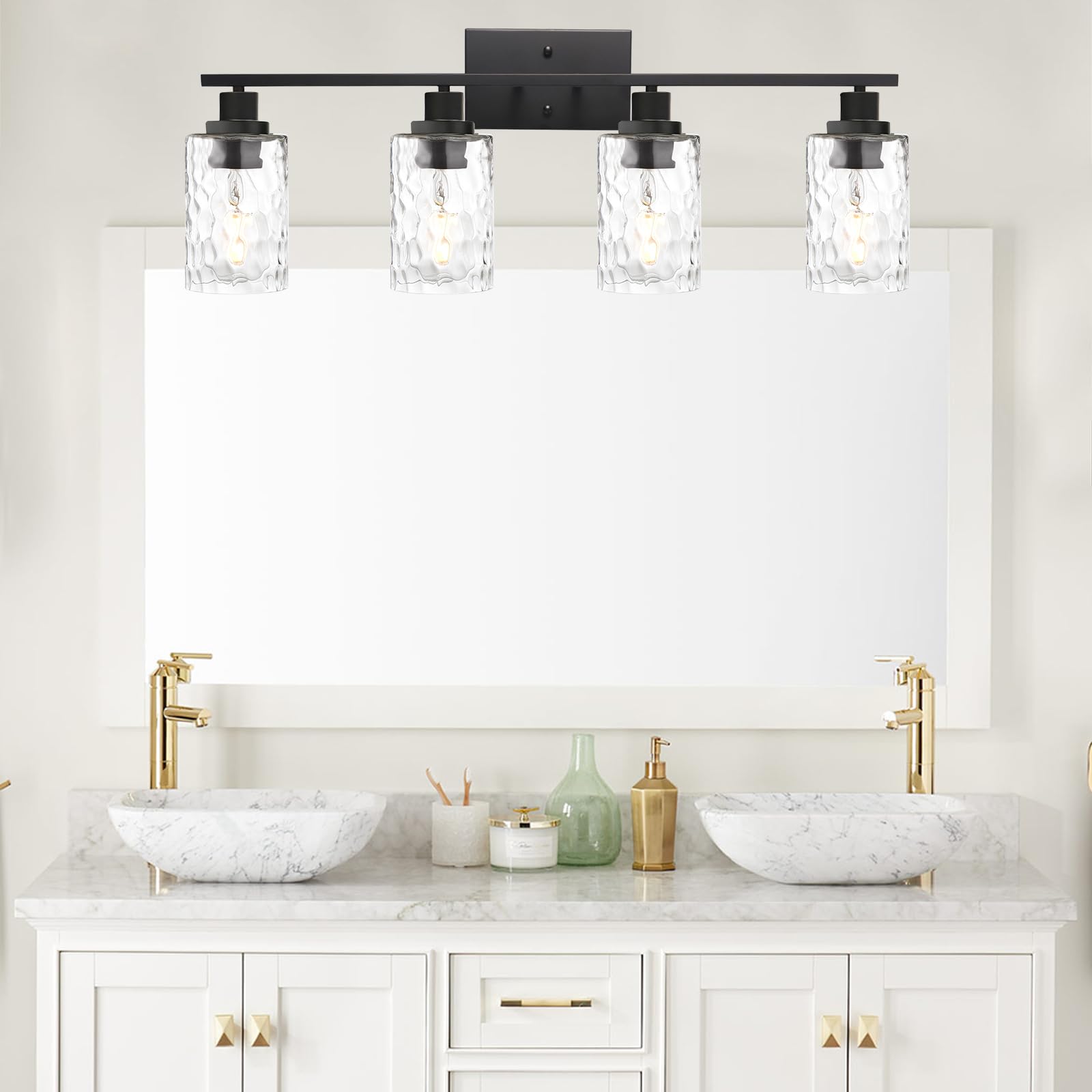 MELUCEE Wall Light Fixture, 4-Light Black Metal Vanity Light with Clear Hammered Glass, Model 6919305763081
