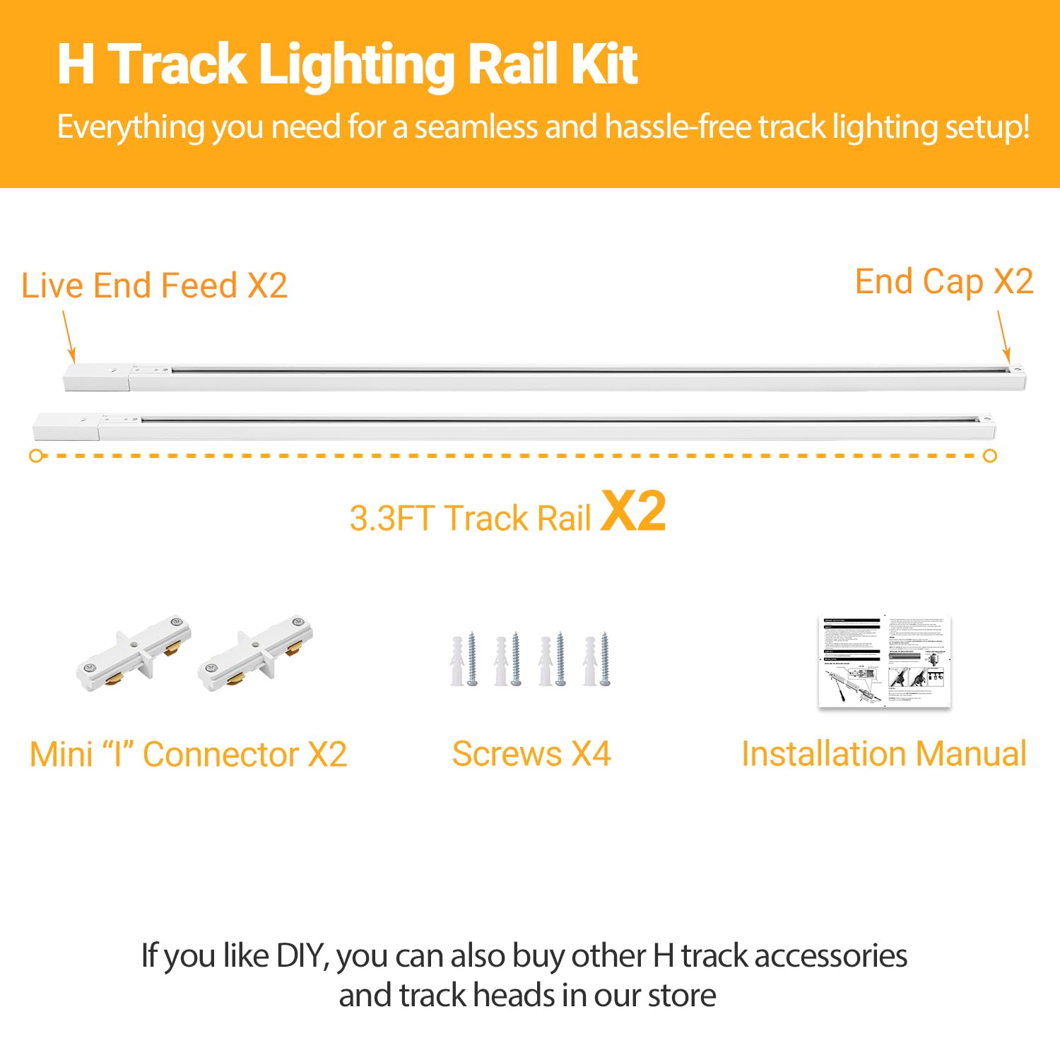 Vanoopee 6.6Ft H Track Lighting Kit - White Aluminum Rails With End Caps & Live End Feed Connector