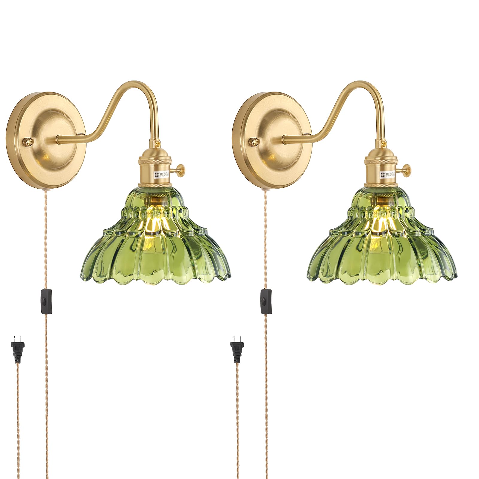 Shenmoyl Wall Sconce Set of 2, Gold Vintage Indoor Lamp, Green Lily Glass Shade, 2 Light Plug in, Model 1-93730-wlampp