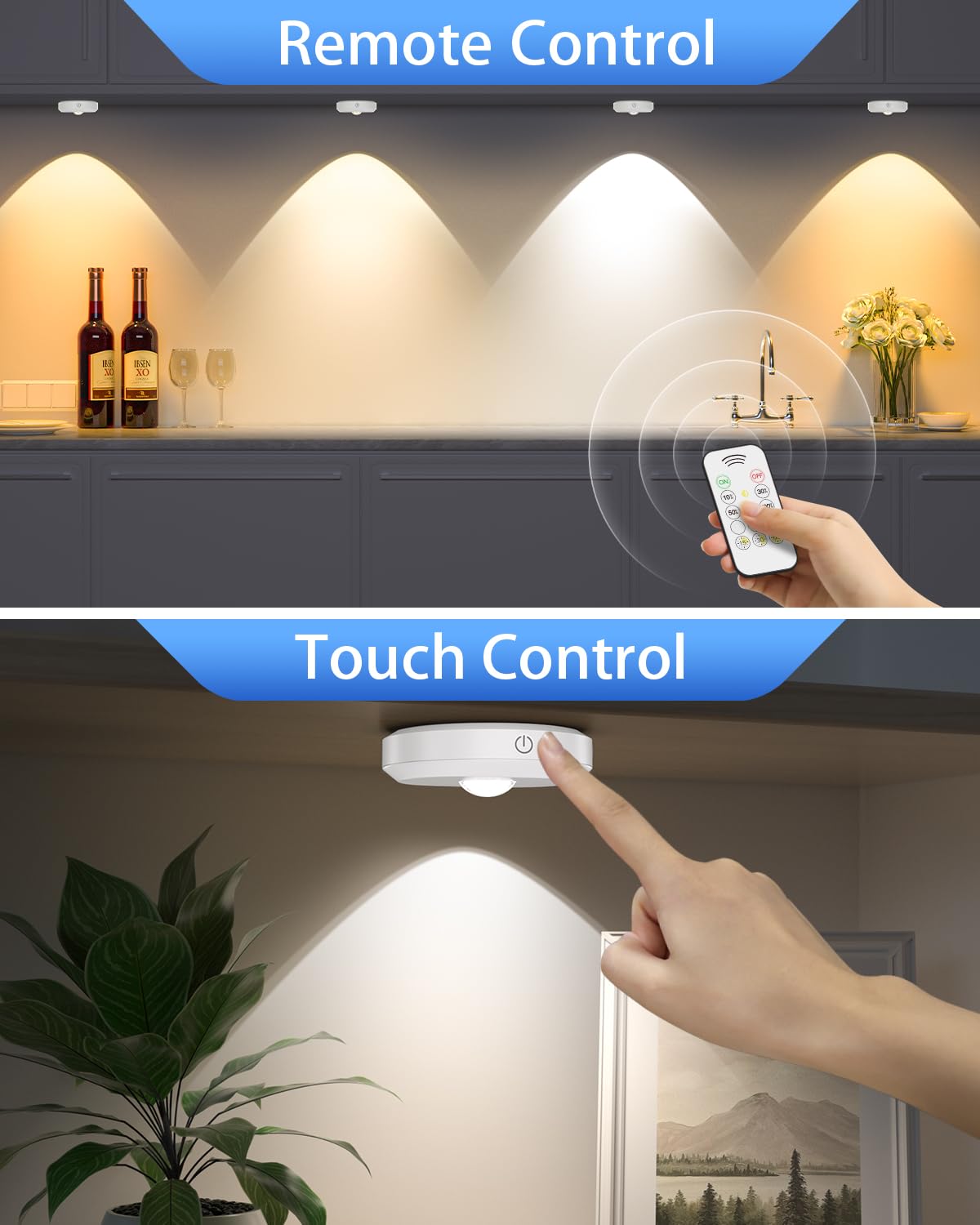 WILLED Rechargeable Puck Lights - Dimmable LED Tap Lights with Remote Control, 3 Color Temps, 6 Pack, White, Model WJP-015