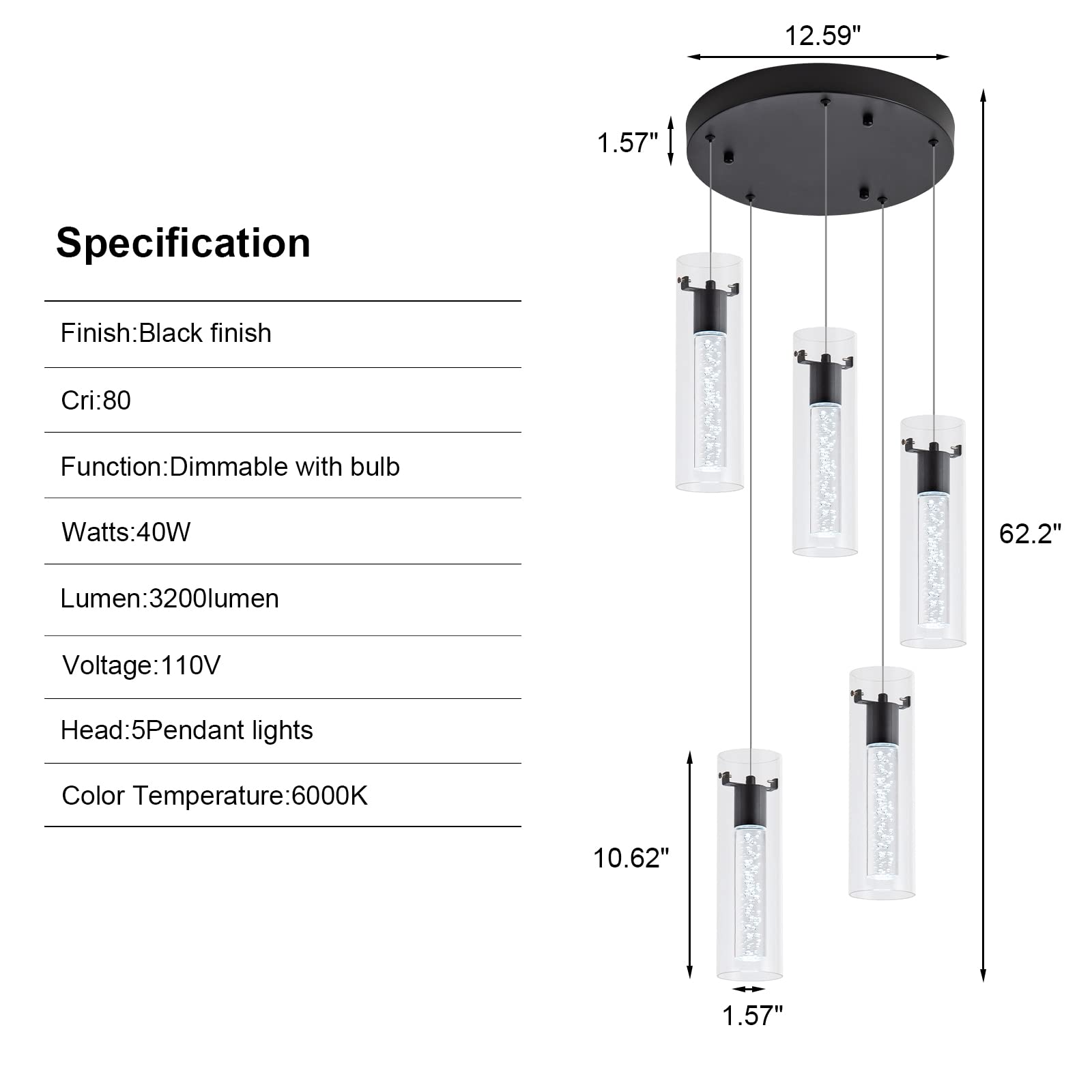 votag LED Pendant Light, 5-Light Over Island, Black Aluminum Model PI-0172A5R-40W-BK