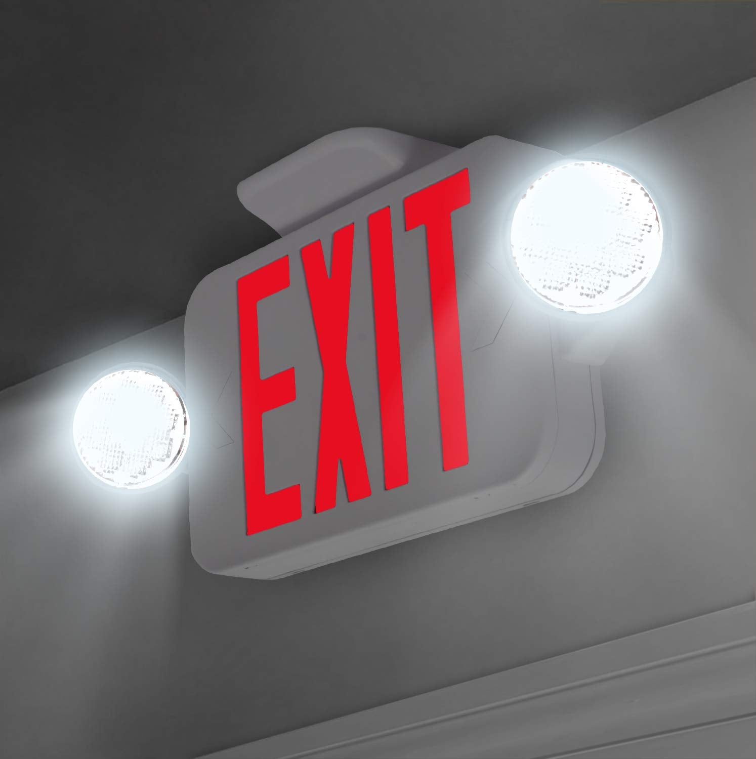Lfi Lights | Combo Red Exit Sign With Emergency Lights | White Housing | All Led | Two Adjustable Round Heads | Hardwired With Battery Backup | Ul Listed | (2 Pack) | Combojr2-R