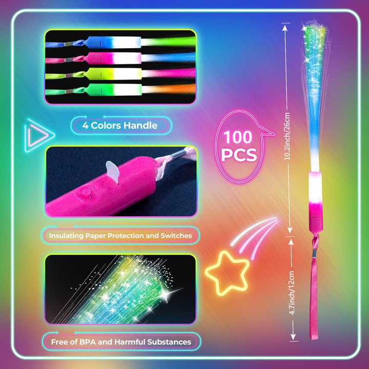 Shqdd 100 Pcs Glow Fiber Wands Sticks,Led Light Wands,Glow In The Dark Party Supplies,Fiber Optic Wands,Led Flashing Sticks,Fibe
