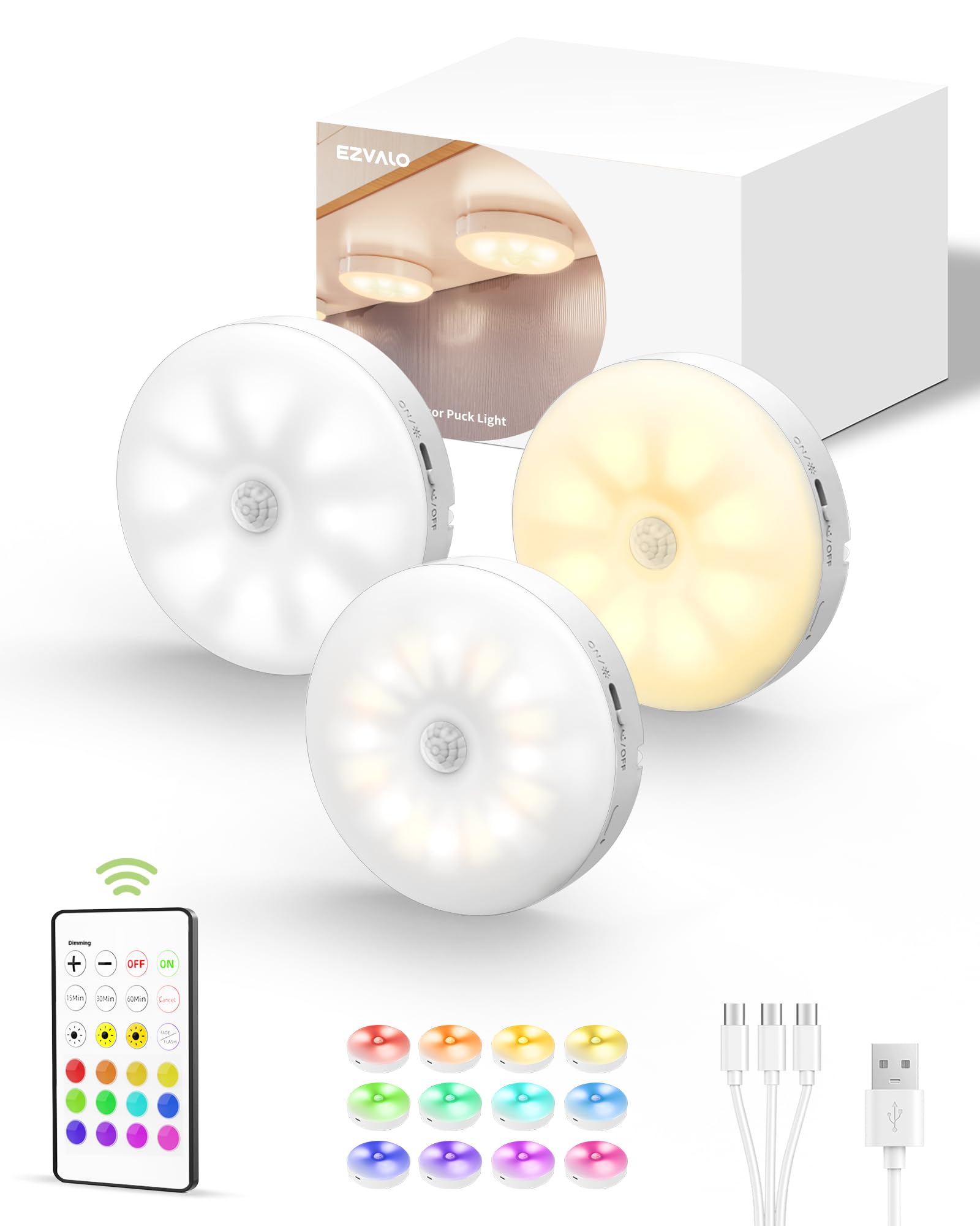 EZVALO Under Cabinet Lighting Puck Lights, Rechargeable, 3 Color Temps, Motion Sensor, Dimmable, 3 Packs, White, Model EZL2415A