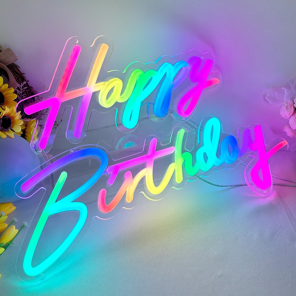 Colysor 43in Neon Happy Birthday Sign - Multi Color LED Backdrop Decoration with Remote Control