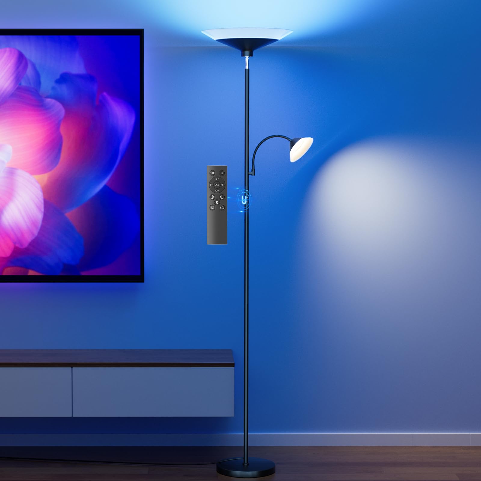 SIBRILLE RGB Torchiere Floor Lamp - 2 Way Dimmable LED, 34W, 72in  Tall, Metal, Black with RGB, Model MF30021.3
