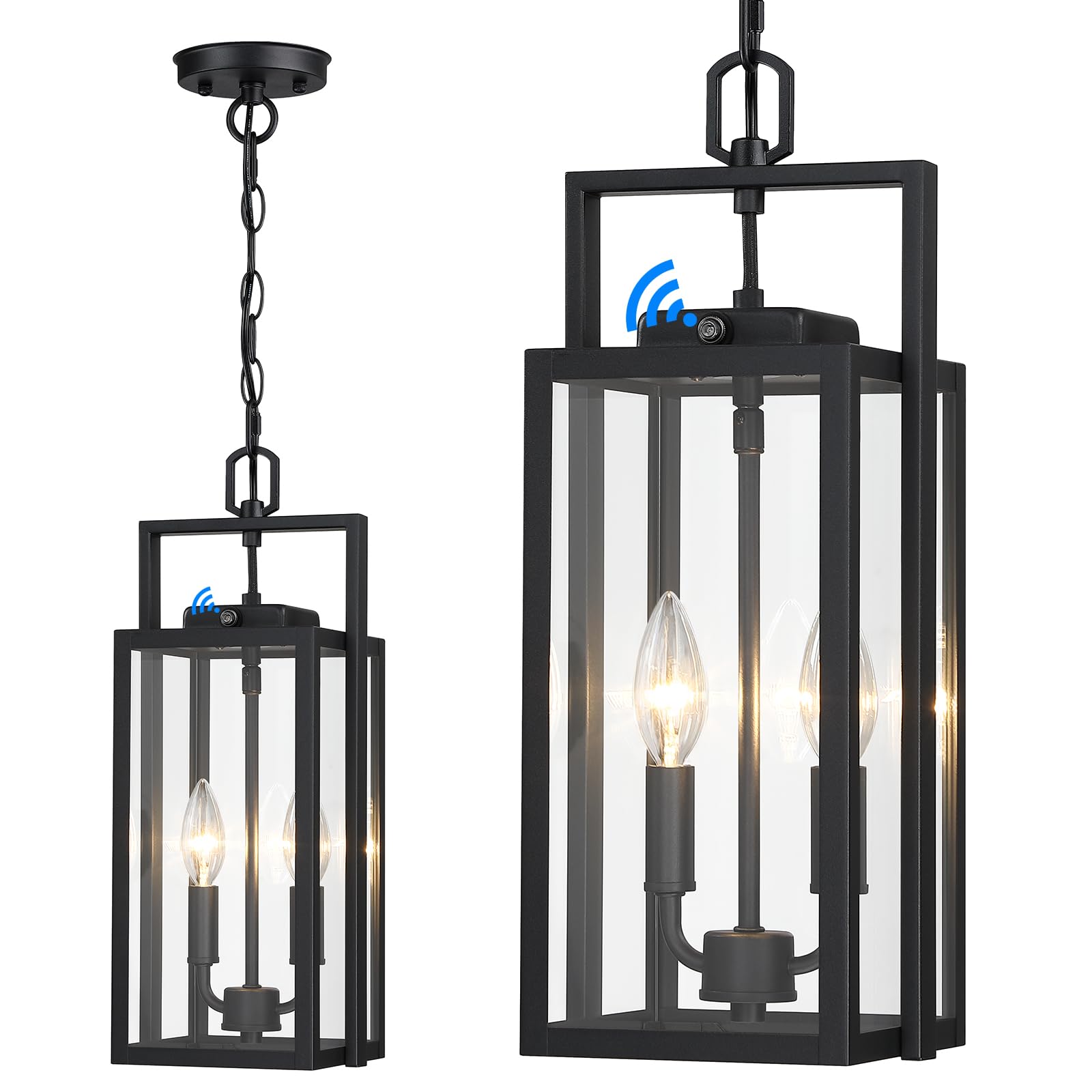 Large Outdoor Pendant Light 2-Light, 17.75'' Dusk To Dawn Modern Black Metal Outside Chandelier Exterior Hanging Fixture Ceiling Mount With Clear Glass For Front Porch Entrance Entryway, 1 Pack