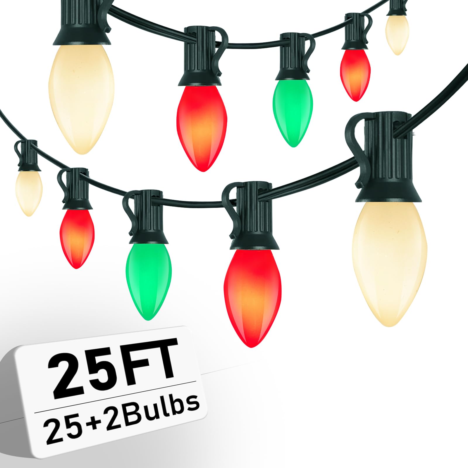 C7 Red White and Green Christmas Lights, 25Ft Vintage Christmas Lights with 27 Ceramic Bulbs, Connectable Xmas Tree Lights Water