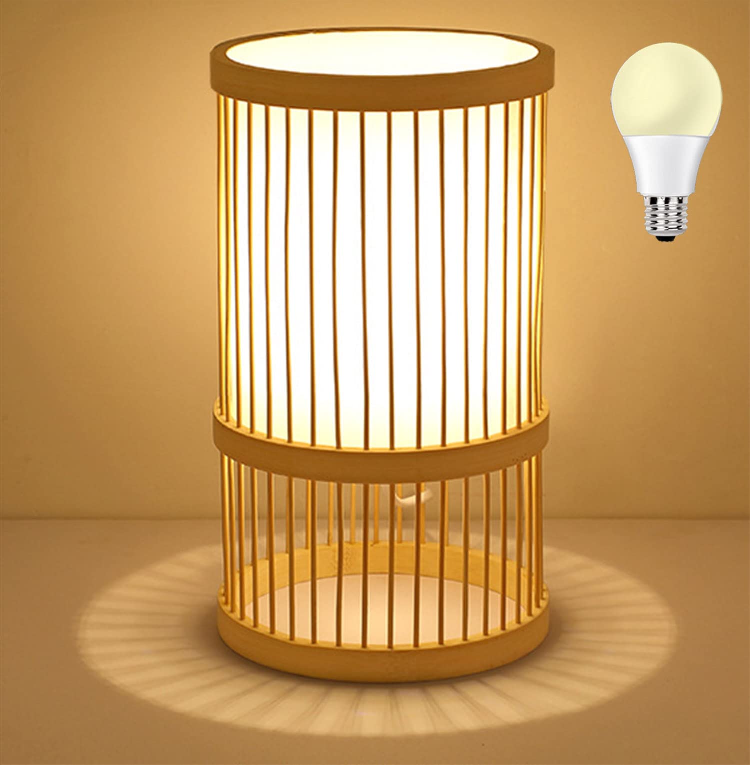 AFORTLO Table Desk Lamp,Bamboo Boho Decorative Nightstand Night Light Japanese Hollow-Out Lamp Home Decor for Bedroom,Living Roo