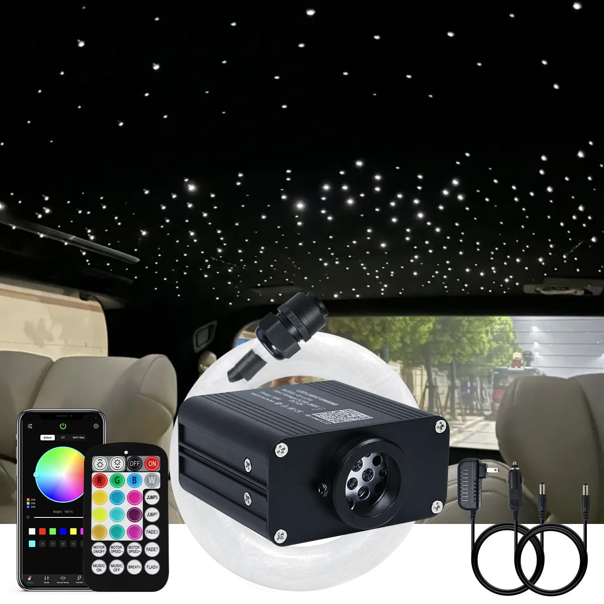 AKEPO 16W Small Size RGBW APP Twinkle Fiber Optic Light Kit, Mixed 295pcs 9.8ft/3m Optical Fiber Star Music Activated Ceiling Li