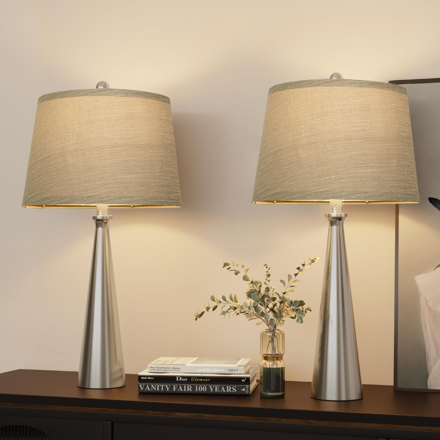 Oneach 25.75'' Modern Table Lamp Set Of 2, Bedside Lamps With Usb Ports, Silver Nightstand Lamps Set For Living Room Bedroom Hou