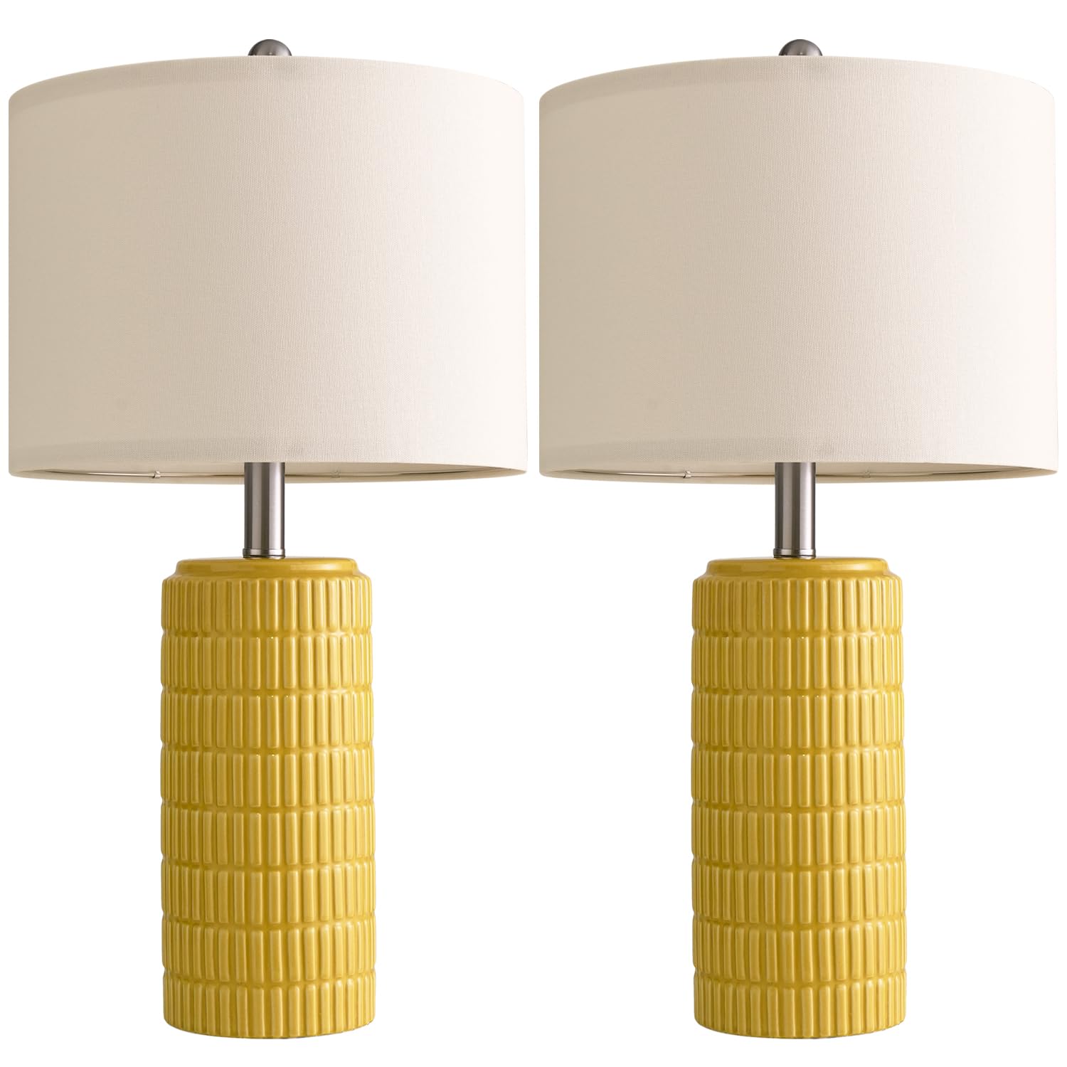 PoKat Set of 2 Modern 23" Yellow Ceramic Table Lamps for Living Room, Medium Nightstand Lamps, Model AMZ-T1102YW