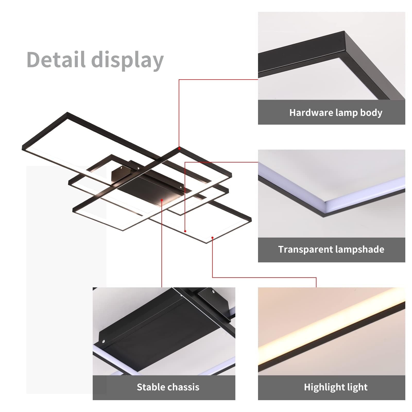 Geadi Modern Led Ceiling Lights For Living Room, Bedroom & Kitchen - Dimmable, 35.4'' Black Rectangular Fixtures With Remote Con