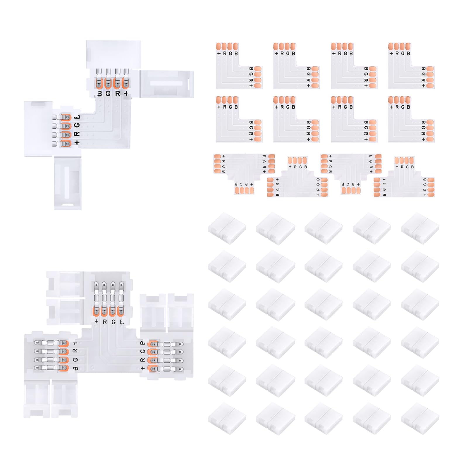 Pmxary 42Pcs 4 Pin LED Strip Connectors Kit for 5050 10mm Wide RGB LED Strip Light, Includes 8 L-Shaped, 4 T-Shaped, and 30 Sold