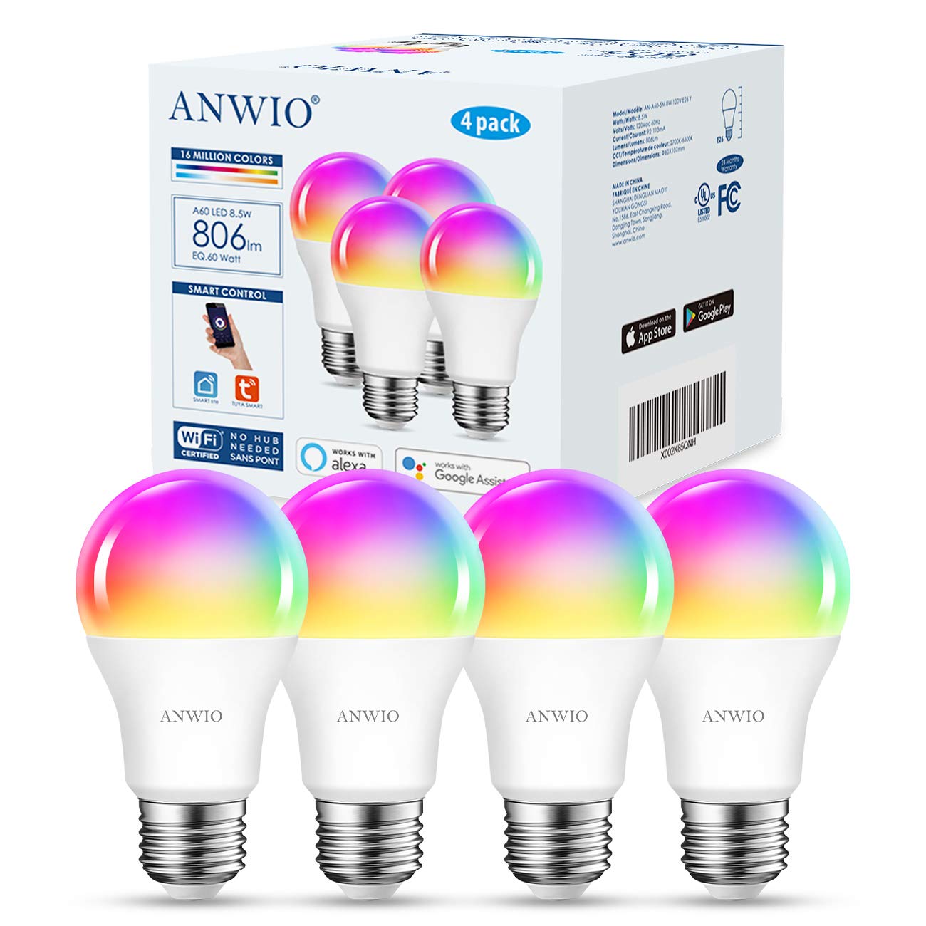 ANWIO Smart Light Bulbs 4-Pack, 8.5W A19 E26 LED, Works with Alexa & Google Assistant, Color Changing, No Hub Required