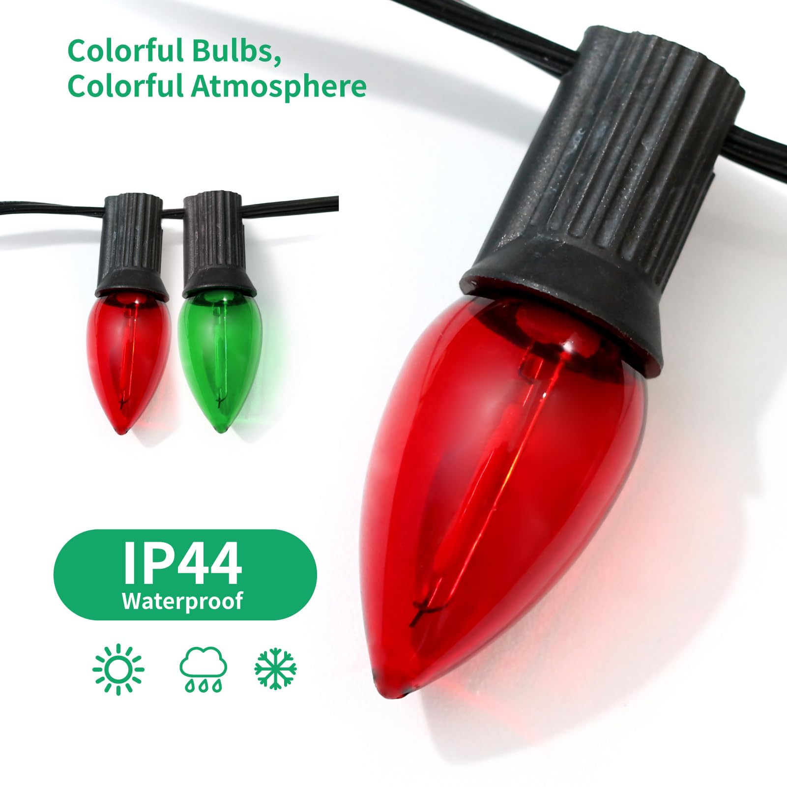 Meconard C7 Led Replacement Christmas Light Bulb, C7 Shatterproof Led Bulbs For Christmas Indoor Outdoor String Lights, E12 Candelabra Base Red Light Bulbs Green Light Bulb, 25 Pack