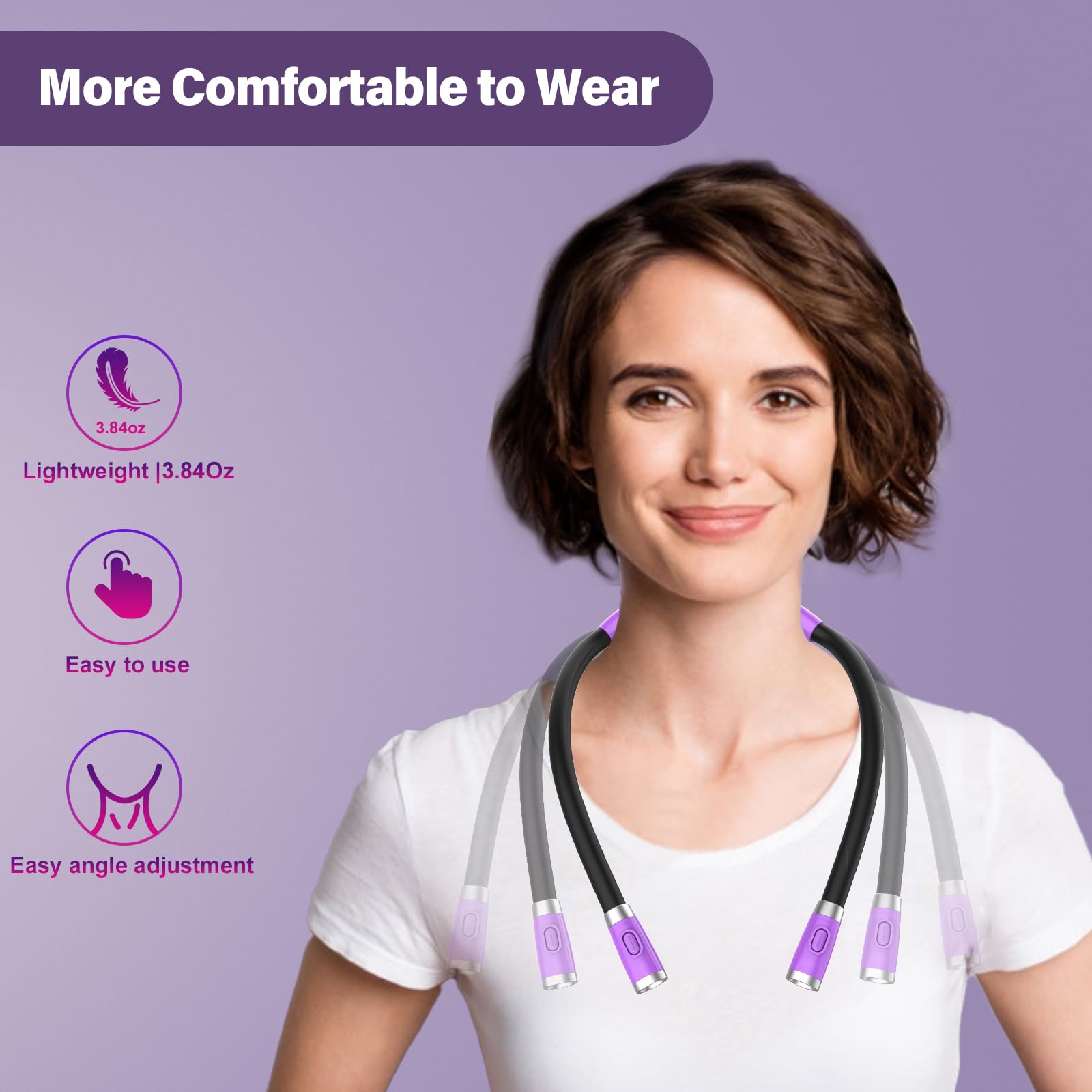 Vekkia Rechargeable LED Neck Reading Light, 3 Brightness Levels, Compact, Purple, Model 4LED-NL, Soft Silicone Arms for Comfort