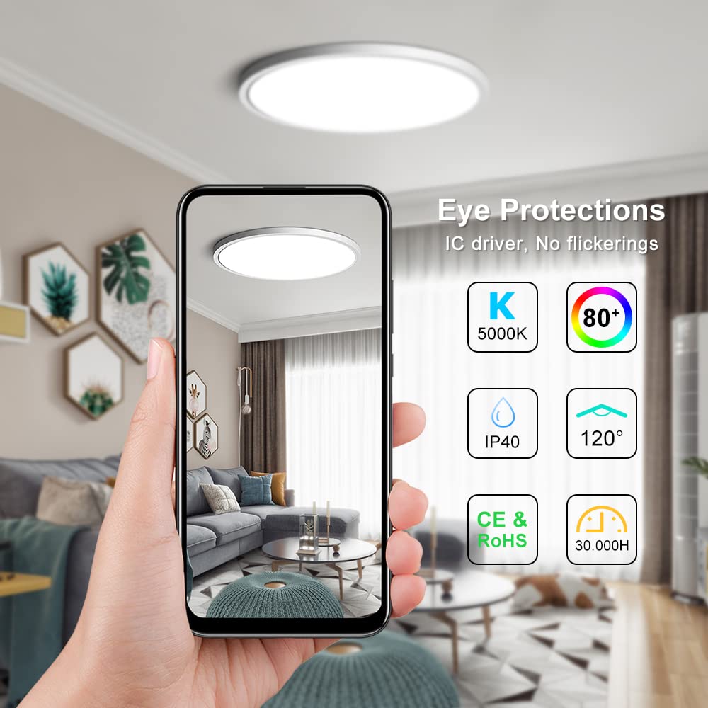 2 Pack 12 Inch Led Flush Mount Ceiling Light Fixture, 5000K Daylight White, 24W 3200Lm, Round Flat Ceiling Lights, Bright Slim Low Profile Lighting Fixtures For Bedroom Kitchen Hallway Stairwells