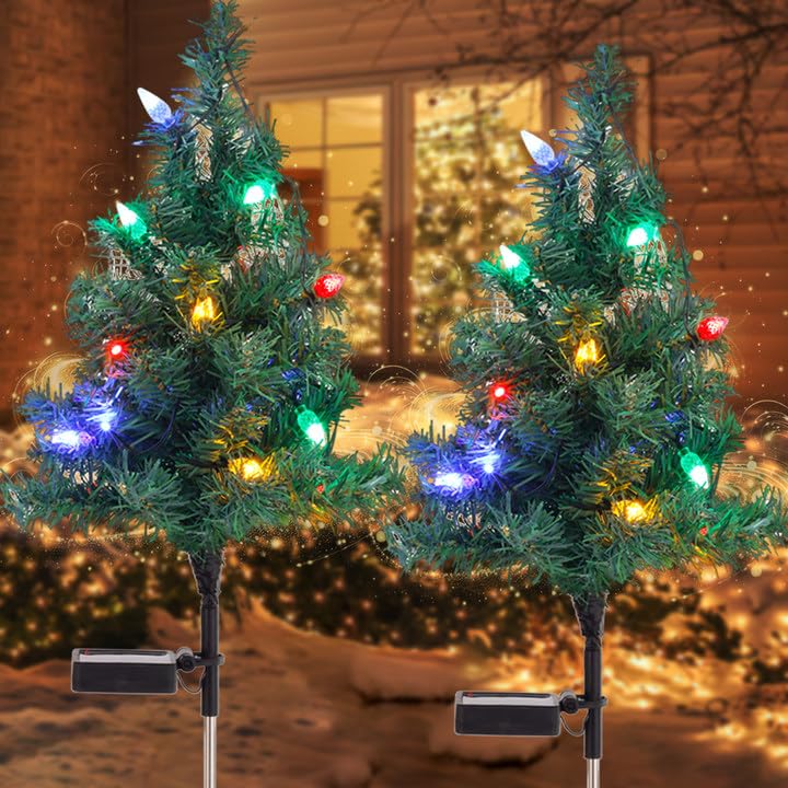 ULAROOM Solar Christmas Tree Lights Decorations - Outdoor Waterproof Xmas Pathway Stake with 20 Strawberry LED in 4 Colors for Garden/Patio/Lawn/Yard  Ornament 2 Packs