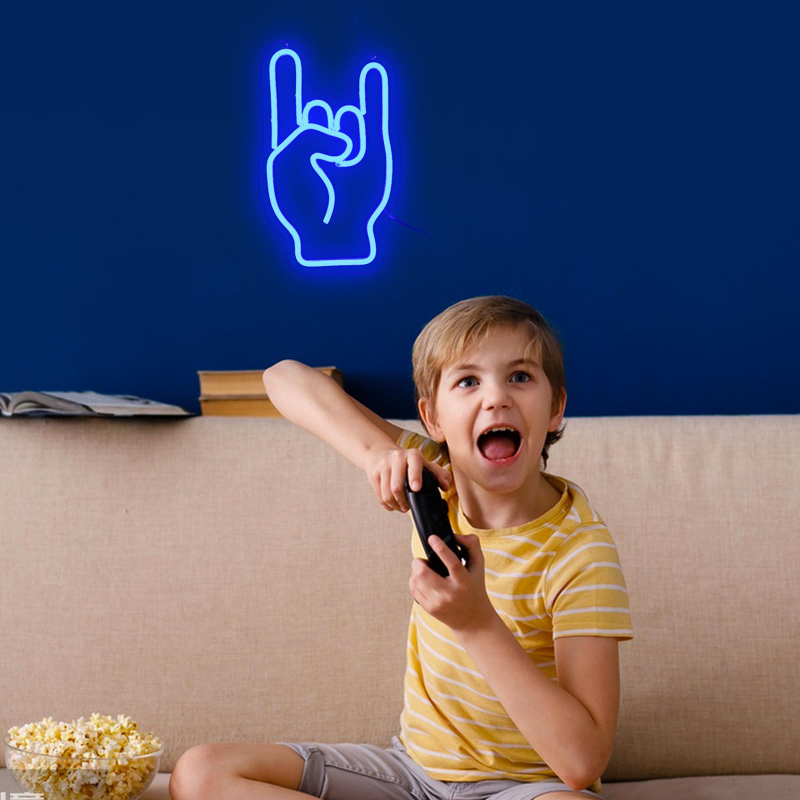 LeDigPig Rock on Hand Neon Sign LED Wall Decor Dimmable 14inx8.4in Acrylic Blue Stary-Rock on Hand for Bar Restaurant Music Concert
