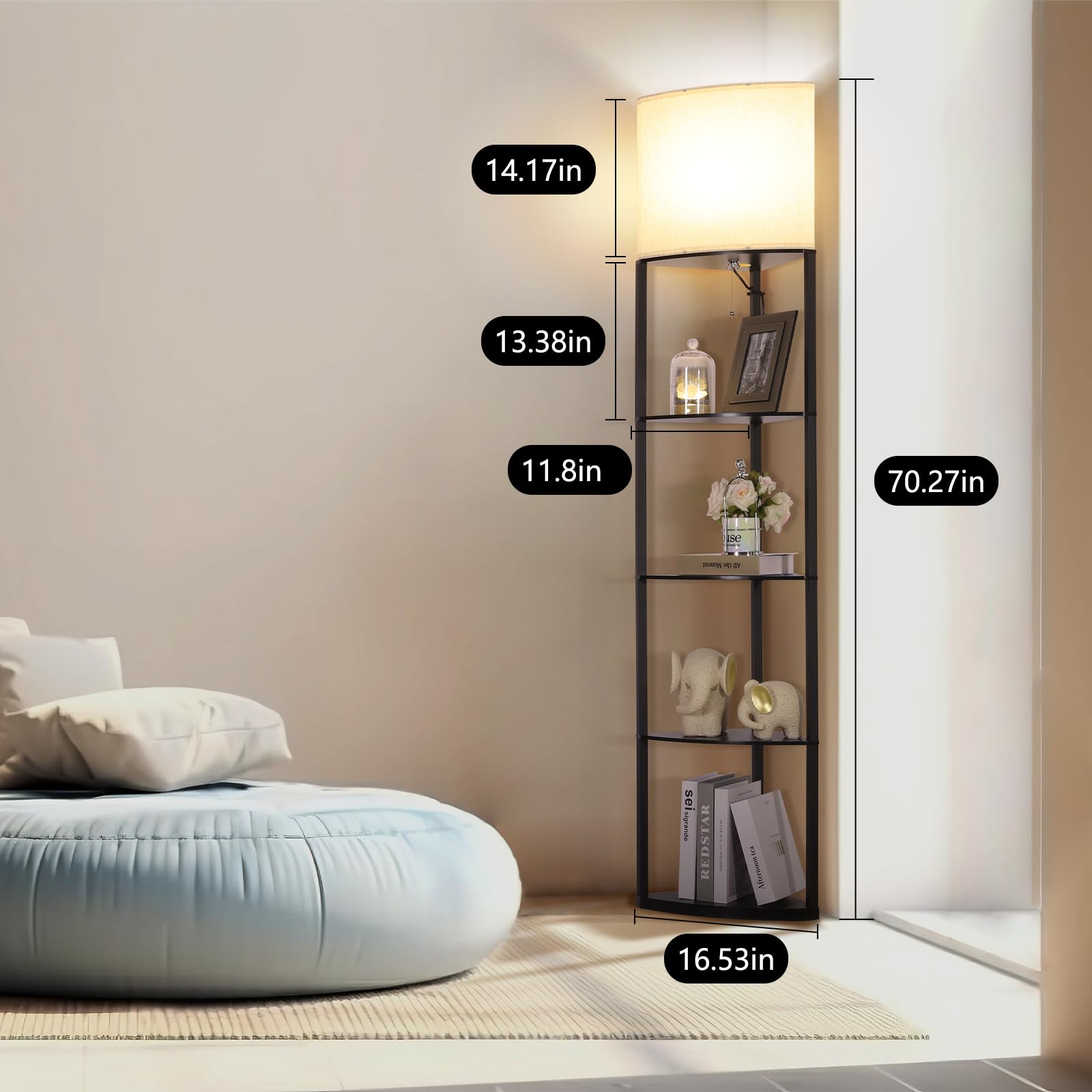 Gupuzm Floor Lamp With Shelves, Sector Corner Shelf Lamp With 3 Color Temperature Bulb, With Linen Lampshade Bookshelf Corner Di