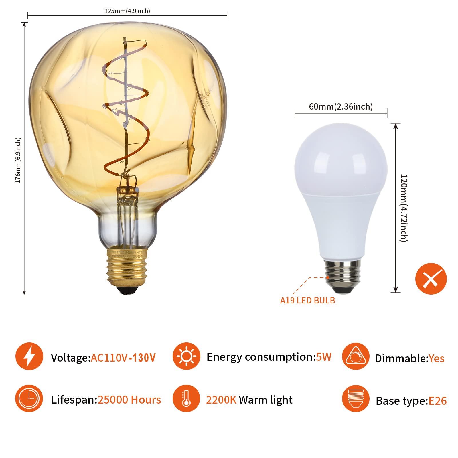 Omed S125 Oversized Dimmable Led Edison Bulb 2 Pack, E26 Base 2200K Warm White Large Vintage Decorative Light Bulb, 5 Watt 400Lm