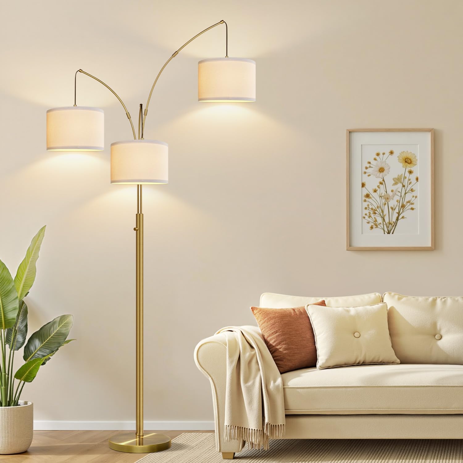 Nintiue Dimmable Floor Lamp - 3 Lights Brass Arc Floor Lamps For Living Room, 1000Lm Modern Tall Standing Lamp With Linen Shades