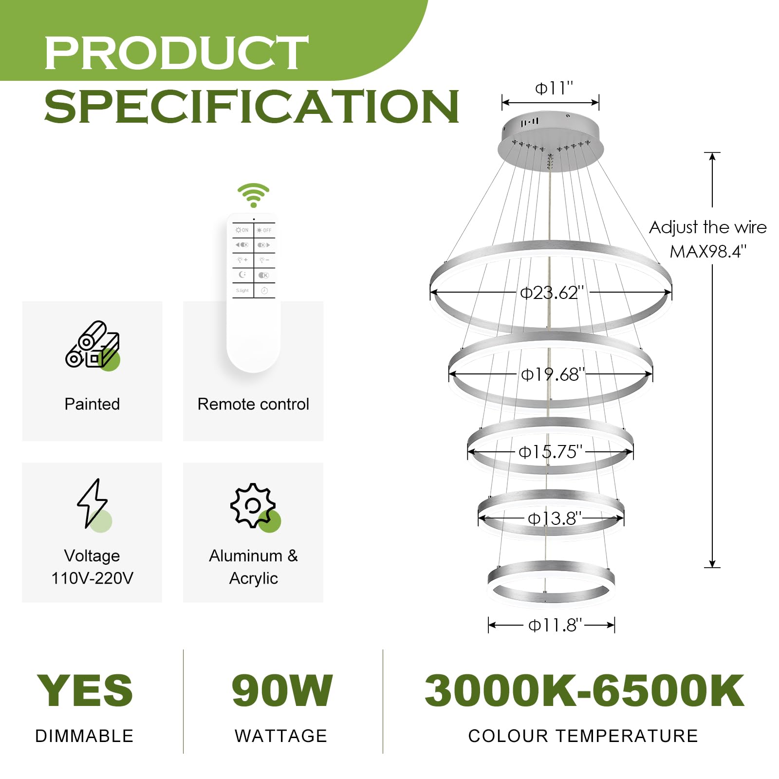 Benkut 5-Rings Modern Led Chandelier Silver High Ceiling Chandelier With Remote Control Dimmable Contemporary Chandeliers For Dining Room Foyer Living Room Entryway Staircase(3000K-6500K, D23.6’’)