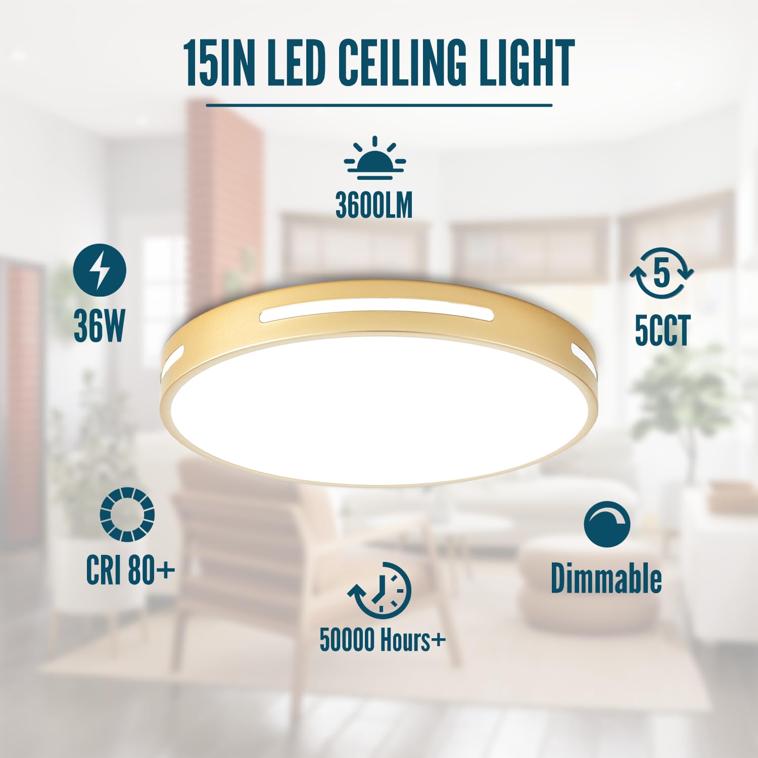Wheatronic Gold Ceiling Light Flush Mount Led, 36W 15 Inch Kitchen Light Fixture Ceiling Mount Dimmable,Modern Close To Ceiling Light Fixture 5Cct For Bedroom, Bathroom,Living Room