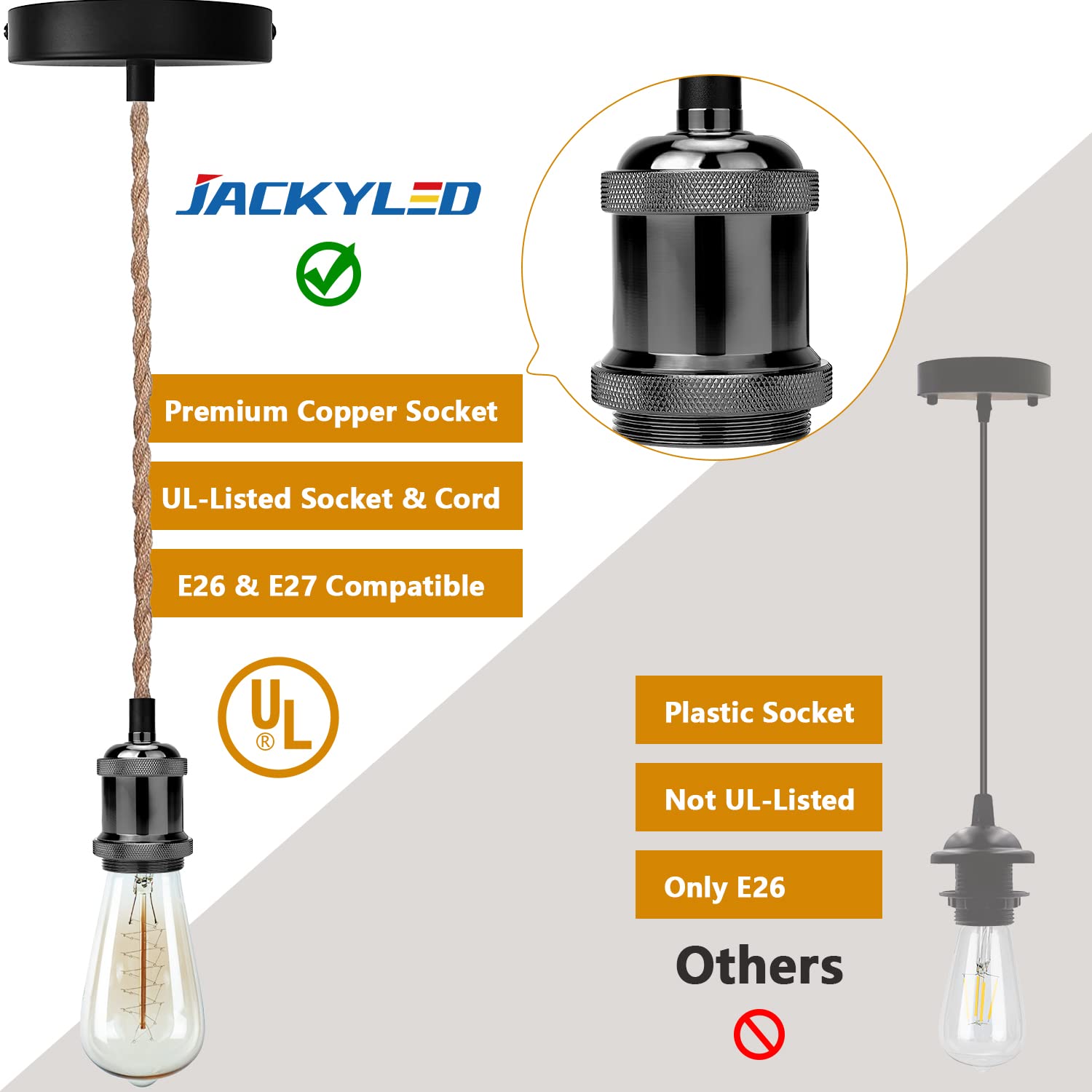 JACKYLED Boho Pendant Light Kit, Hemp Rope Fixture, E26/E27 Socket, Adjustable Cord, Black, Model JACKYLED753