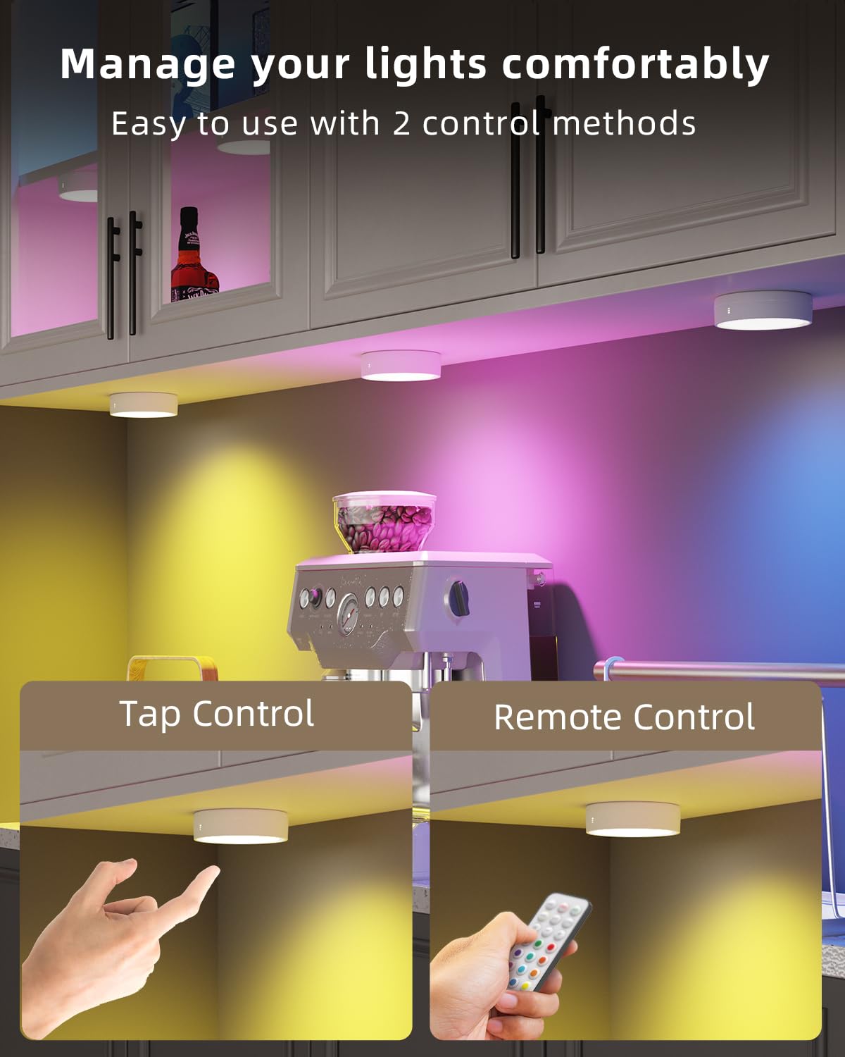 Rgb Rechargeable Puck Lights With Remote, Colored 1600Mah Battery Operated Tap Lights Stick On Led Under Cabinet Light Usb Magnetic Classroom Push Light Kitchen Counter Touch Light Press Button Light