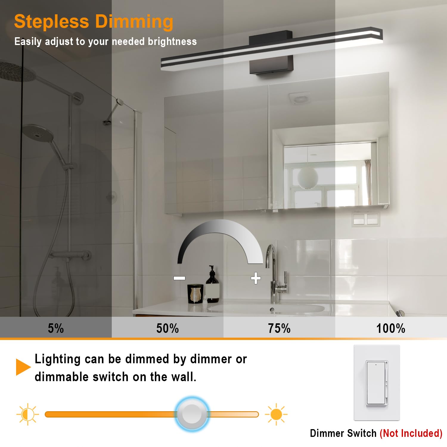 SineRise LED Bathroom Vanity Light Bar, 32-Inch Dimmable Matte Black Acrylic, Model SR-MODERN32-MB, 3000K/4000K/6000K