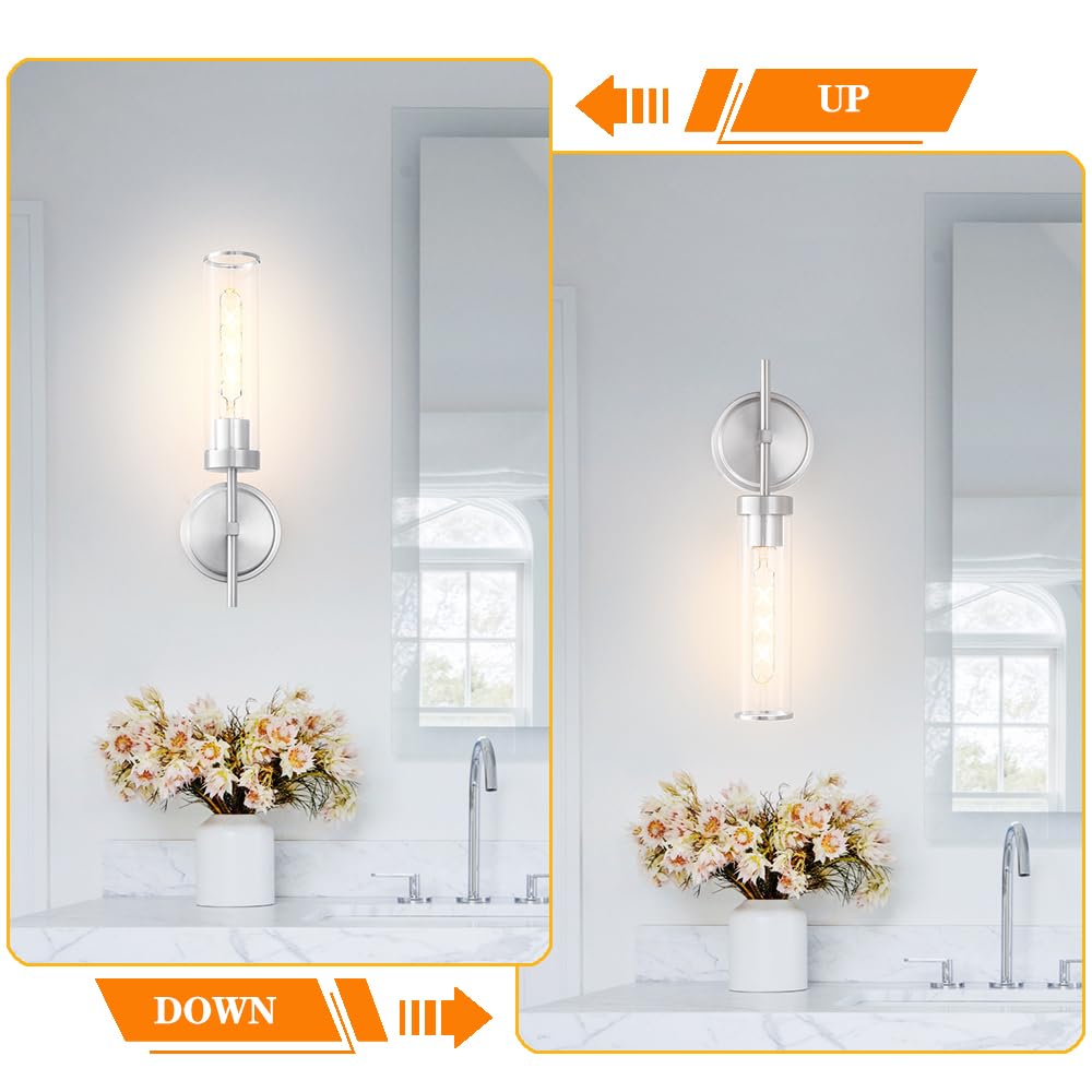 DSMJFU Wall Sconces Set of 2, Brushed Nickel, Metal Lighting Fixtures, 15.94in Hardwired, Clear Glass for Bathroom, Living Room, Hallway
