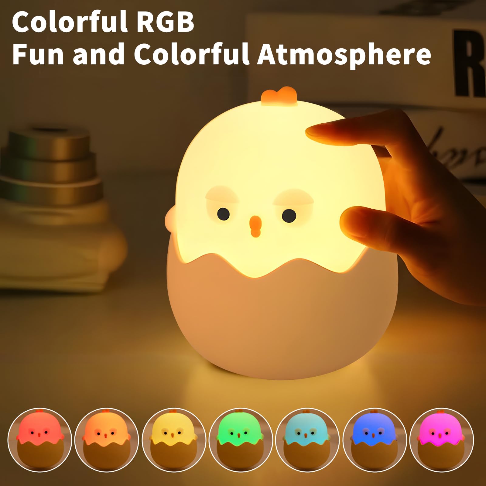 HPYDIY Easter Chick Egg Night Light - Dimmable 7-Color LED Nursery Lamp for Babies, Soft Silicone Touch Eggshell Decor for Easte
