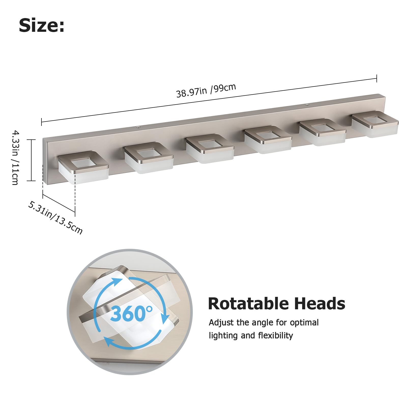 Bicrink 6-Light Brushed Nickel Vanity Light Fixture, 39" Modern LED Bath Lighting for Mirror, Model 9811
