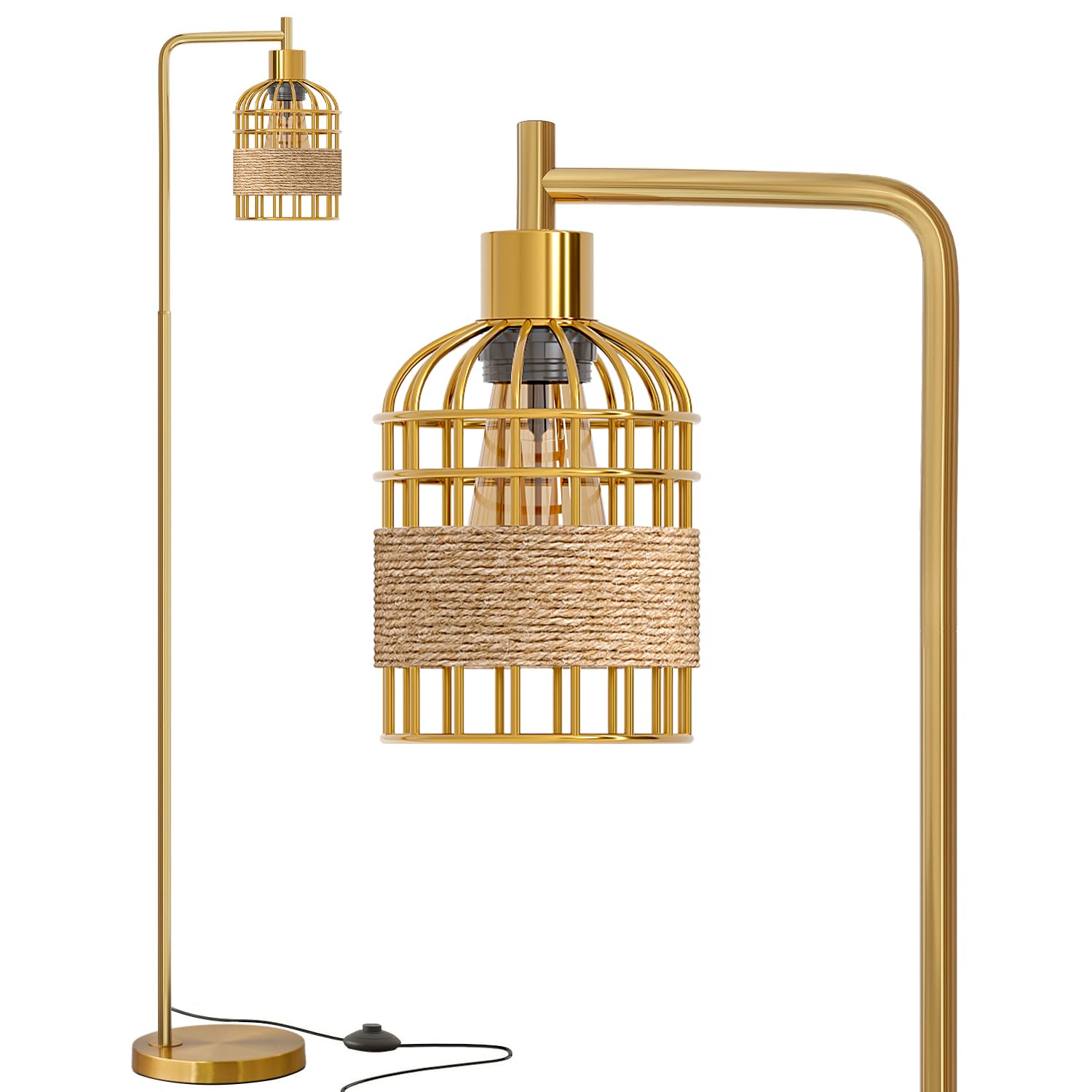 Oneach 66'' Gold Floor Lamp for Living Room, Industrial Floor Lamp with LED Buld, Rattan Shade, Foot Switch, Minimalist Farmhous