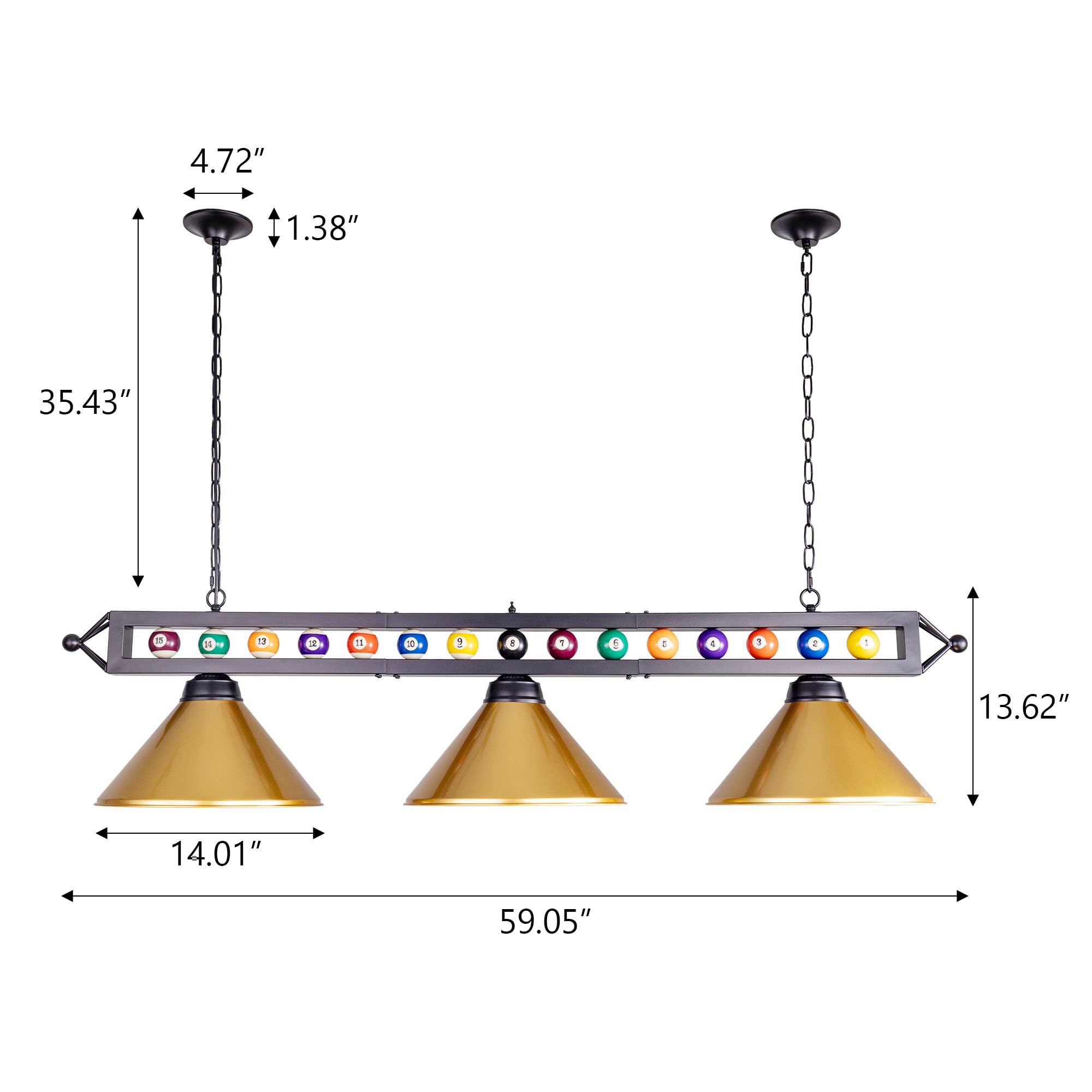 Wellmet 3-Light Billiard Pool Table Pendant Light Fixture, Modern Metal Shade, Gold, for 7'-8' Tables, Model CHL-002-light-Gold