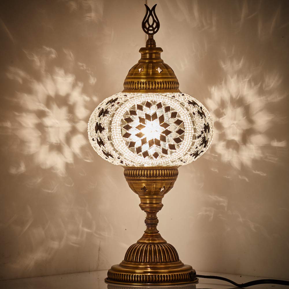 DEMMEX Genuine 7 Turkish Mosaic Table Lamp - Handmade Tiffany-Style Moroccan Glass Lampshade, Colorful Desk Bedside Light, Exoti
