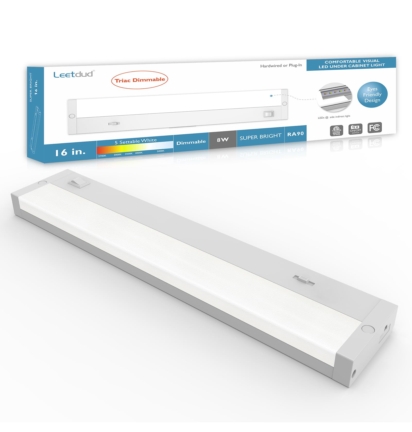 Leetdud LED Under Cabinet Lighting, 16in Dimmable, 5 Color Options, Hardwired/Plug-in, White, Model AirKitPro-1608WU-TPTC-D