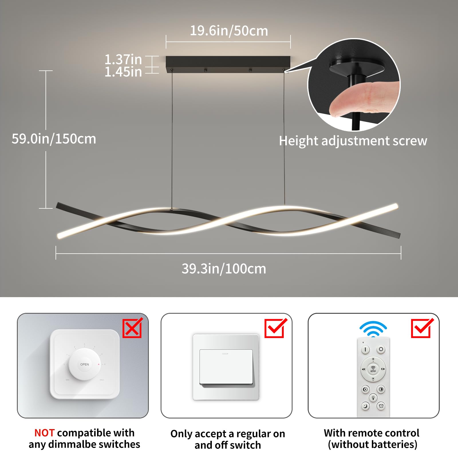 Modern Led Ceiling Pendant Light, 39In Modern Chandelier With Remote Control 3000K-6500K Adjustable Color Temperature, Aluminum Island Lighting Lamp For Dining Room, Living Room, Island