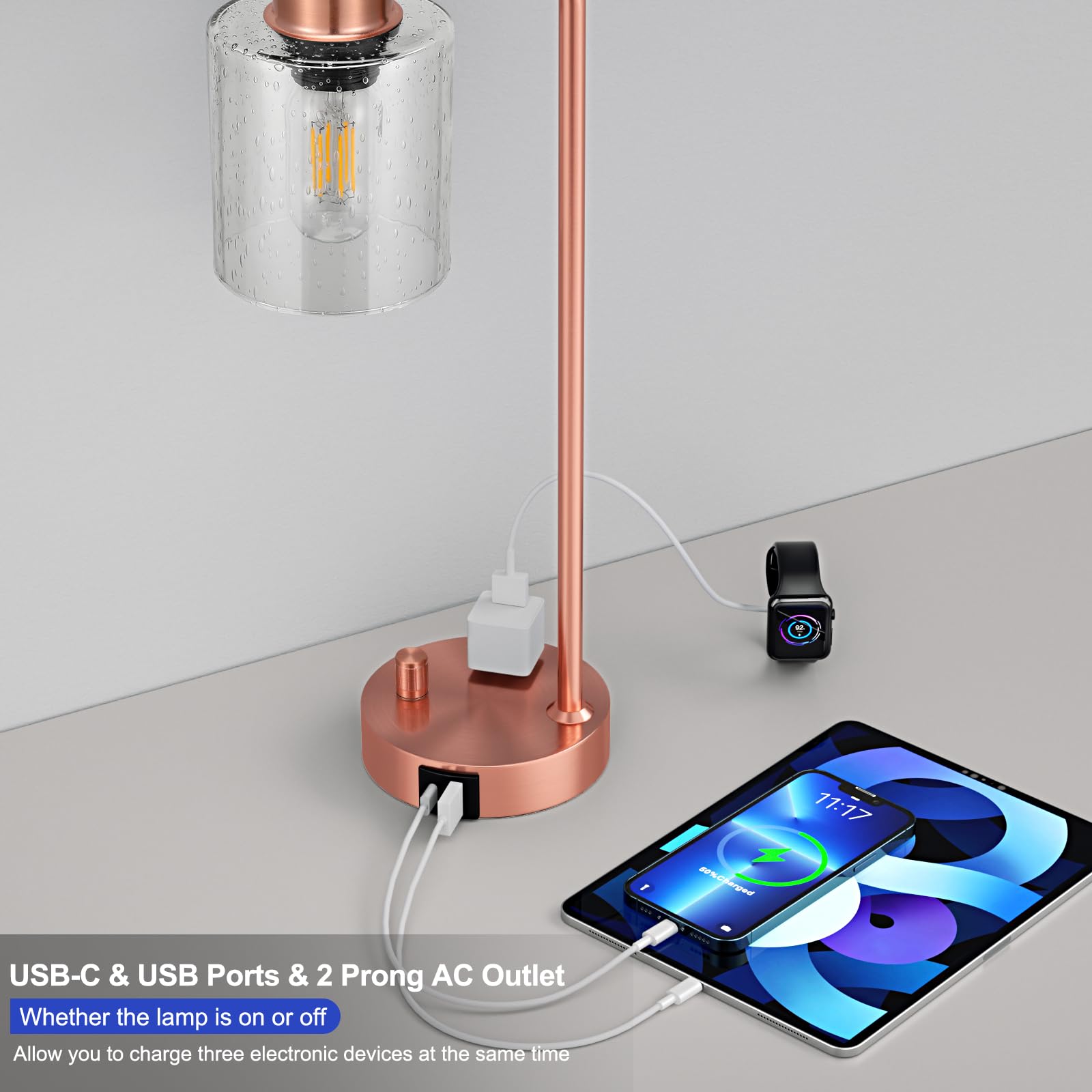 Innqoo Copper Industrial Bedside Table Lamp For Bedroom - Nightstand Lamps With Usb C Charging Port, Fully Dimmable Black Ports