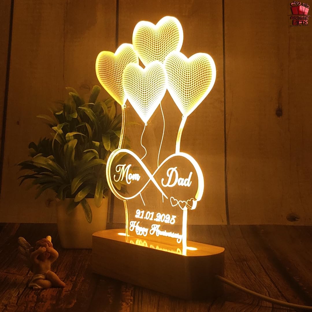 Artistic Gifts Personalized 3D Illusion LED Table Lamp | Heart Shape Customized Name Lamp for Couple Gift Anniversary, Wedding,
