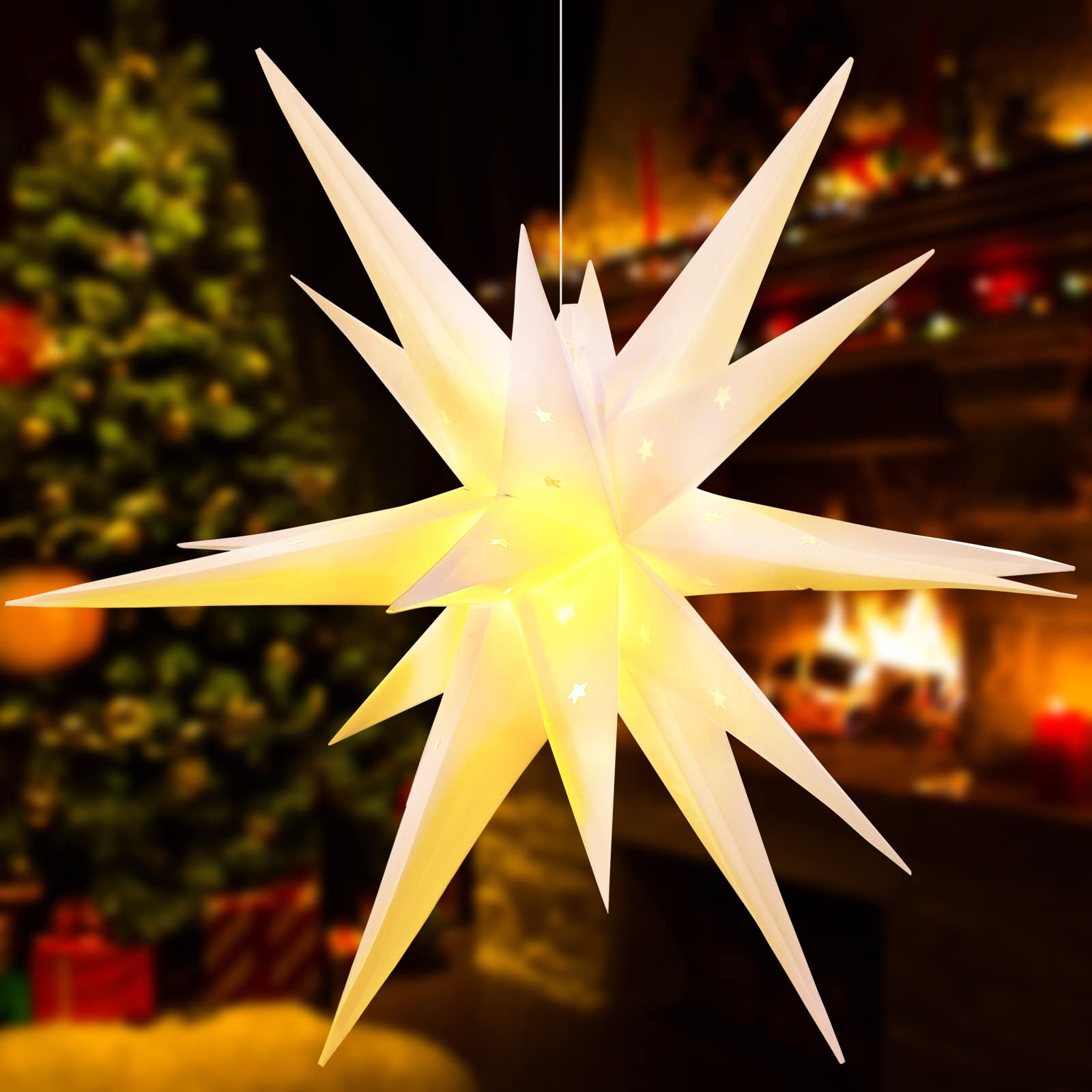 Kingdder 23 Inch Large Christmas White Moravian Star Outdoor Light 3D LED Moravian Tree Topper Top Light 18 Point Hanging Star w