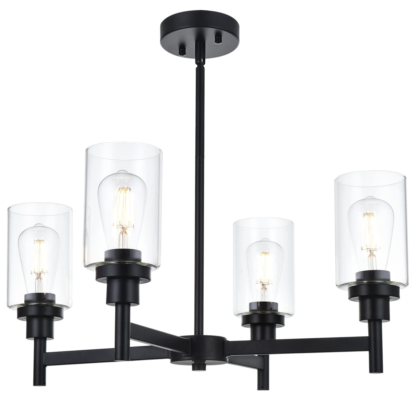 VINLUZ 4 Light Chandelier Black Hanging Light Fixture with Clear Glass for Dining Room and Bedroom - Model 210-4BL